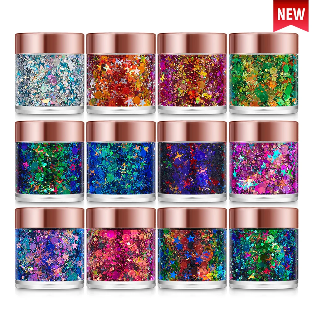 12 Colori di Glitter Cosmetico Lucido e Brillante, Glitter Chunky Cangiante per Viso e Corpo, Gel Glitter per Trucco da Palcoscenico, Adatto ai Bambini