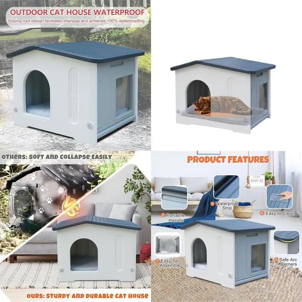 

Durable Grey Plastic Outdoor Cat Shelter with Easy Assembly and Escape Hatch