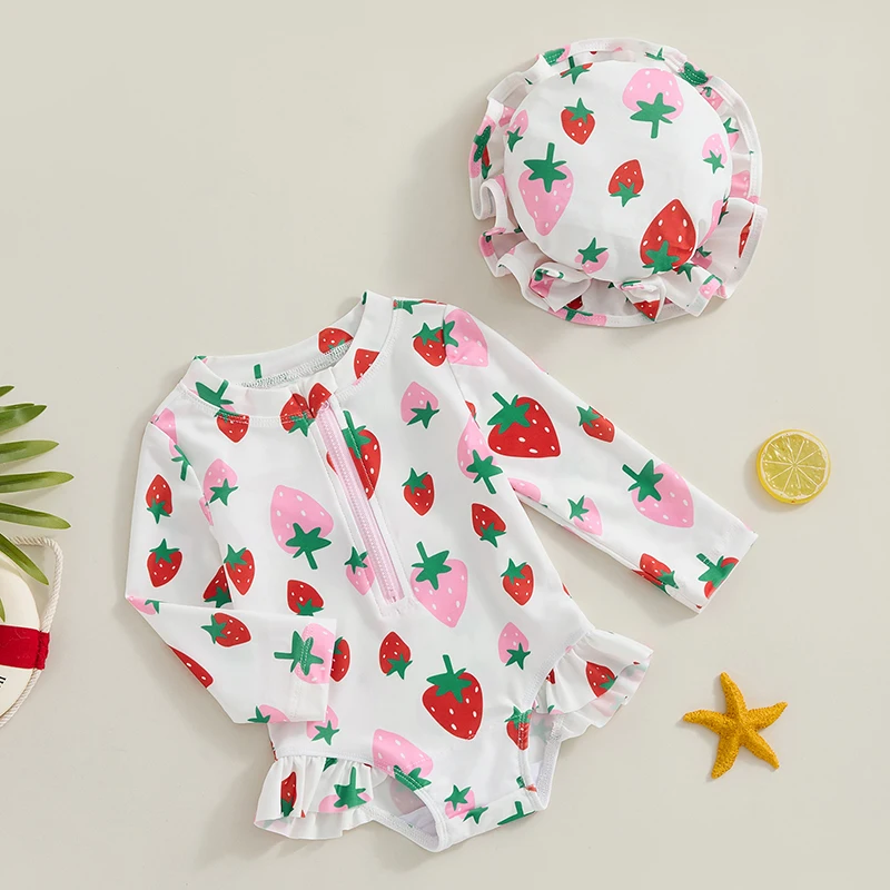 Baju renang bayi perempuan, motif stroberi Lengan Panjang Bikini dengan topi pakaian renang bayi baru lahir untuk mandi musim panas