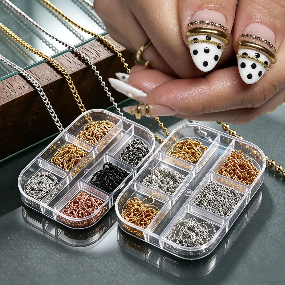 1Box Mixed Metal Chain Nail Charms 3D Luxury Gold Silver Black Beads Chain Alloy Nail Decors For Gothic Punk Manicure Nail Suppl