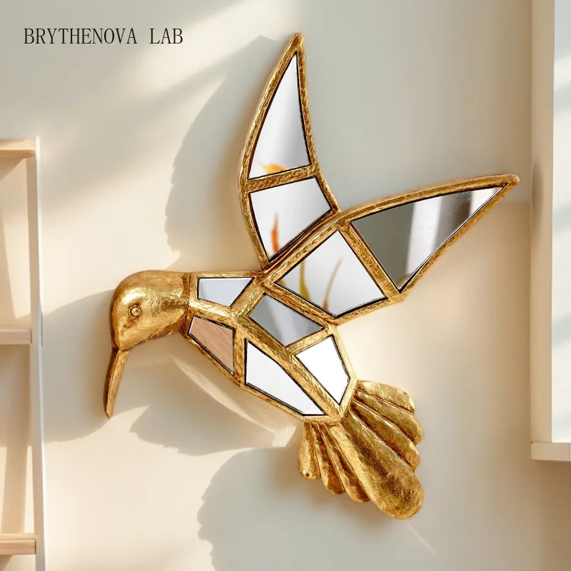 Golden Bird Mirror Wall Hanging Piece Resin Handicrafts Hummingbird Golden Background Wall Decoration Mirror Hanging Piece