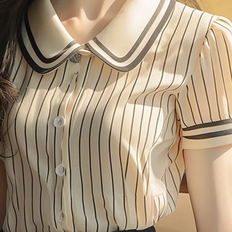 Summer Trendy Turn-down Collar Button Striped Contrast Color Pullover Short Sleeve T-shirt Elegant Casual Women\'s Clothing Tops