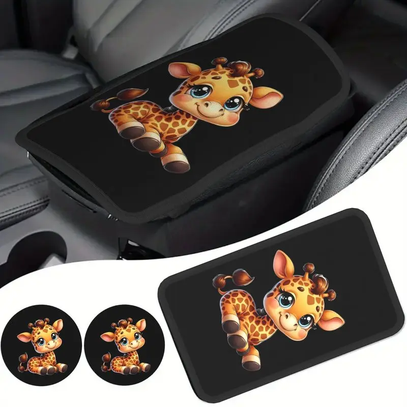1Pc Car Armrest Cover + 2Pcs Cup Coasters, Cute Cartoon Baby Giraffe Print, Universal Adorable Car Interior Decor For Car Owners