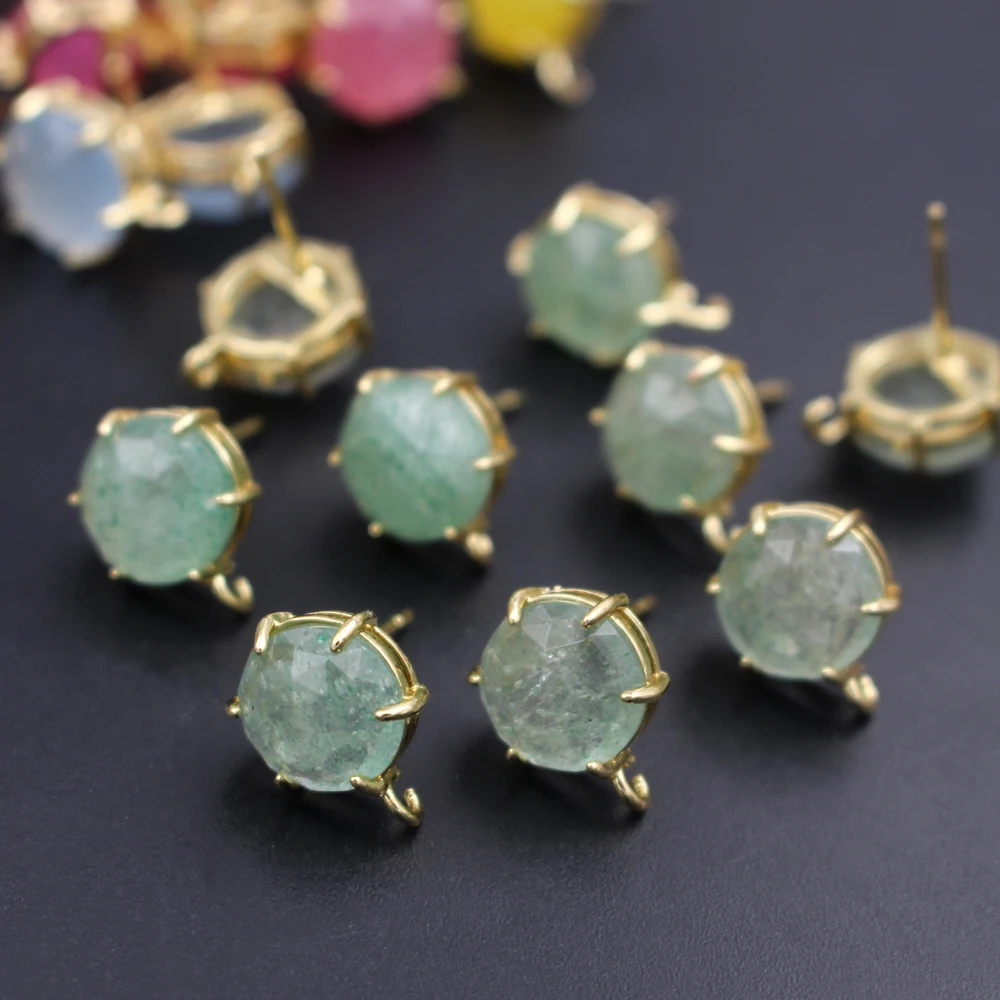 6pair DIY Jewelry Accessories Colors Stone Ear Posts Round Light Blue Green Quartz Stone Earring with Loop Connectors