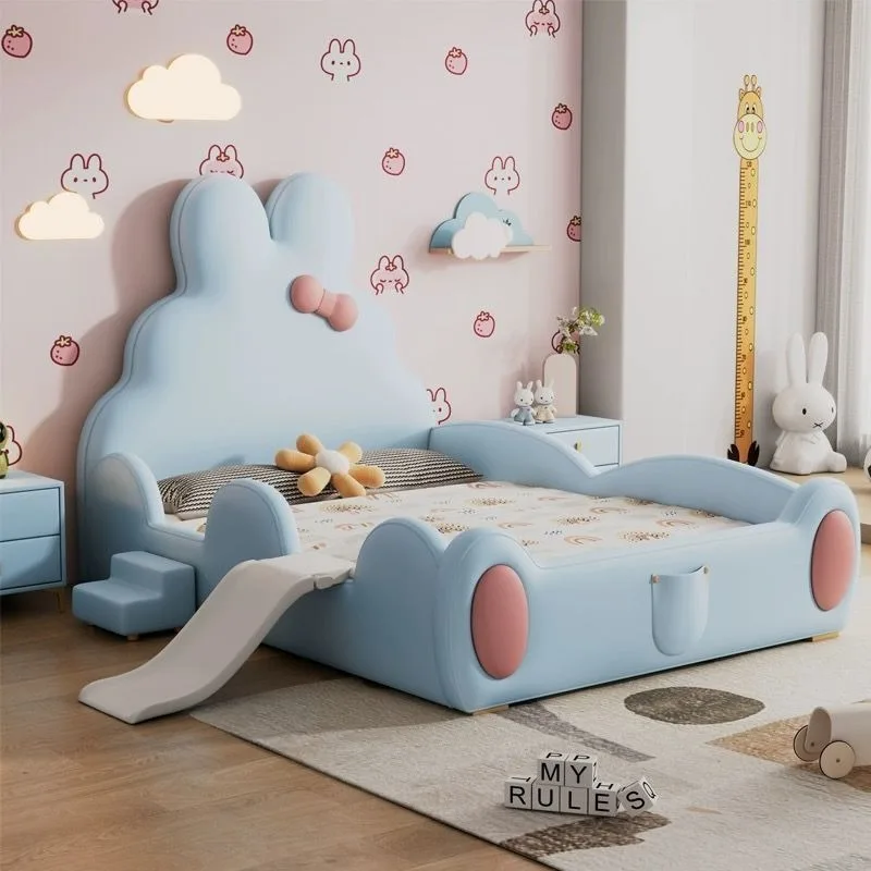 Creative cartoon rabbit princess bed, light luxury cream style modern simple pink leather bed with guardrail storage
