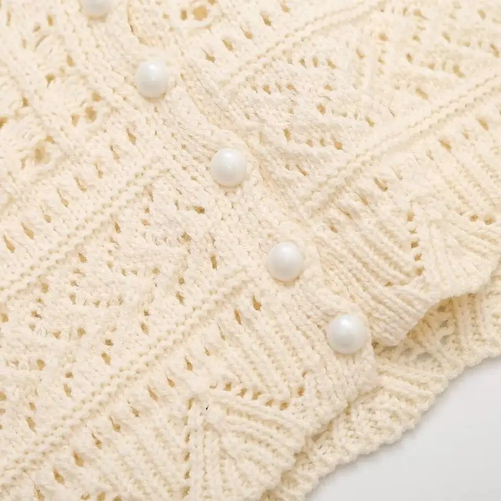 TRAF Women Summer Elegant Short-Sleeved Pearl-breasted Decoration Knitted Cardigan Jacket Women\'s O-neck Hollow Jacket 9598/123