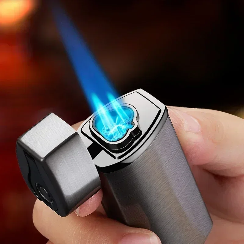 2026 New  Touch Sensing Metal Outdoor Windproof Electric USB Lighter Turbo Three Torch Blue Flame Jet Cigar Tool Gas Lighter Men