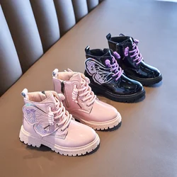 Girls Fashion Martine Boots Children Solid Color Cotton Boots Butterfly Lace Up Zipper Winter Boots Non-slip PU Leather Shoes