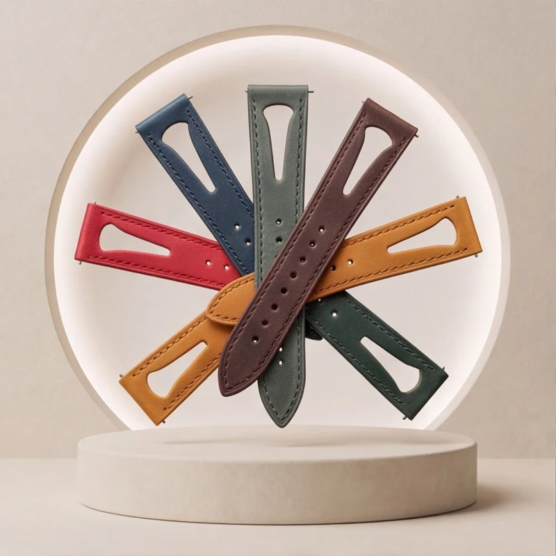 Leather strap, quick-release skeletonized design, 22mm lug width, unisex business-casual style.