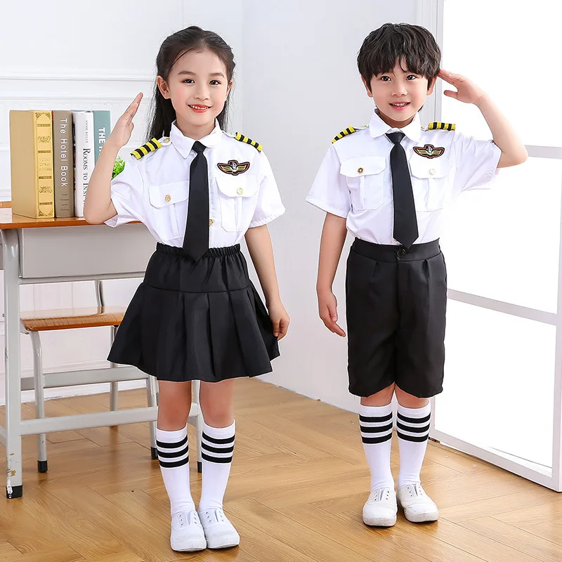 Kids Boys Girls Air Force Flight Attendants Uniform Cosplay Costumes Kindergarten Children\'s Day Pilots Performance Sets