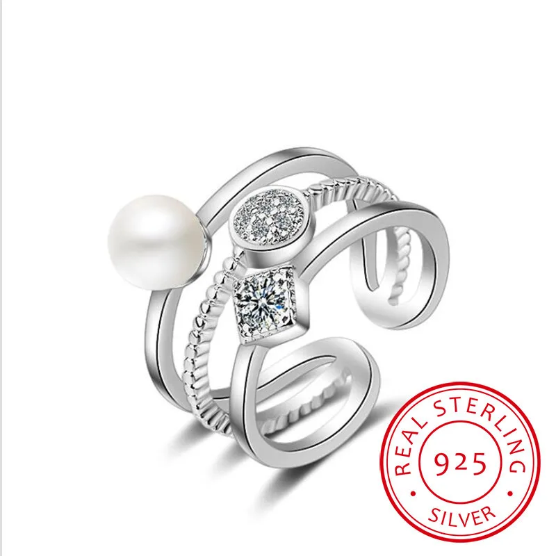 

925 Sterling Silver Rings For Women Trendy Multi-layer Pearl Mosaic Cz Zirconia Resizable Rings Bague Femme S-r217
