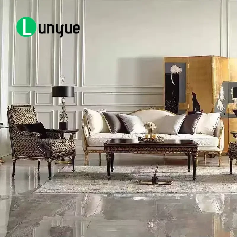 French Retro Solid Wood Sofa Set Classical Luxury Upholstered Lounge Chair For Villa Living Room Furniture