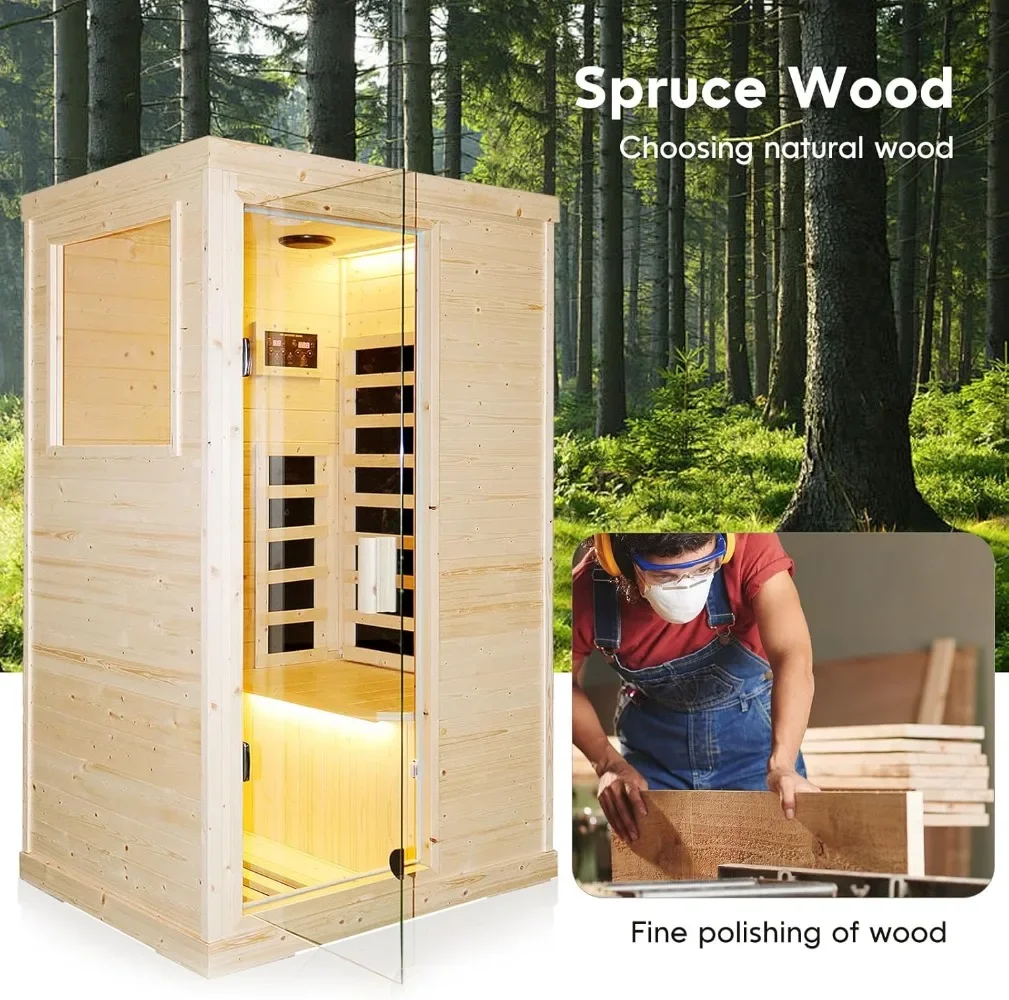 Indoor Infrared Sauna Room Dry Saunas for Home 900W Low-EMF Spruce Wood 1 Person Spa Sauna with Speakers, Reading Lighting