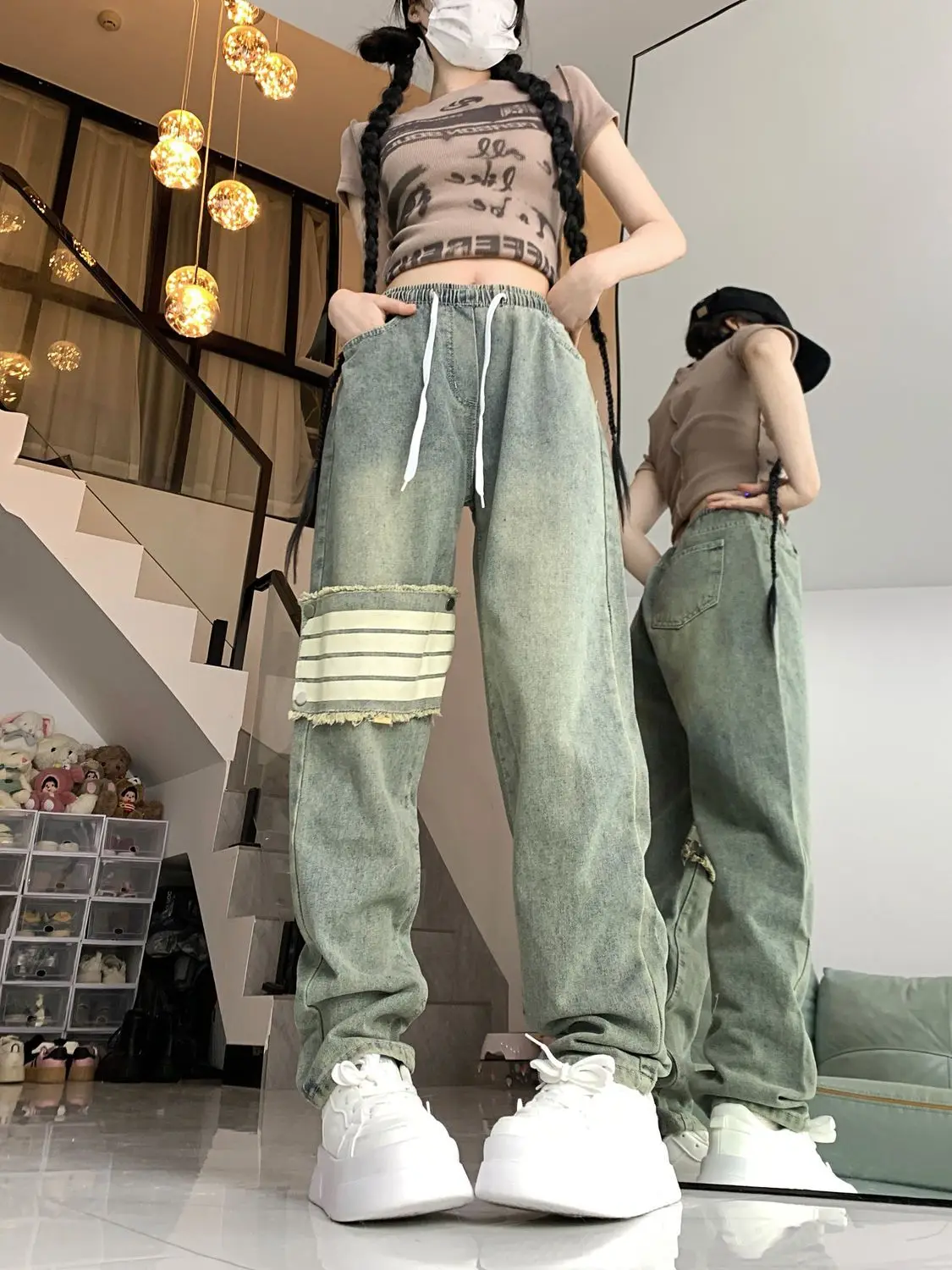 Jeans Four-Stripe Patchwork Slim Fit Women'S American High Street Retro Elastic Waist High Waist Versatile Simple Trendy Pants