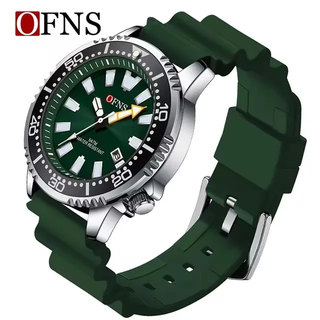OFNS 8032 Orologio al quarzo da uomo Fashion Cool Black Sport Arancione Verde Calendario Luce notturna Orologio con cinturino in silicone impermeabile