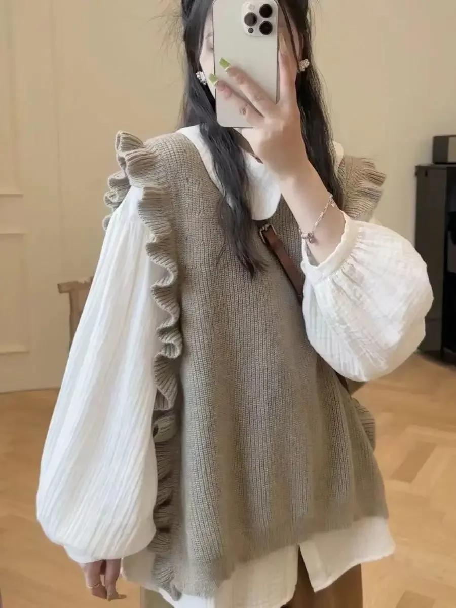 

Однотонные вязаные свободные жилеты женские без рукавов в японском консервативном стиле милые съедобные свитера с деревом и грибком Y2k белые рубашки комплекты из 2 предметов