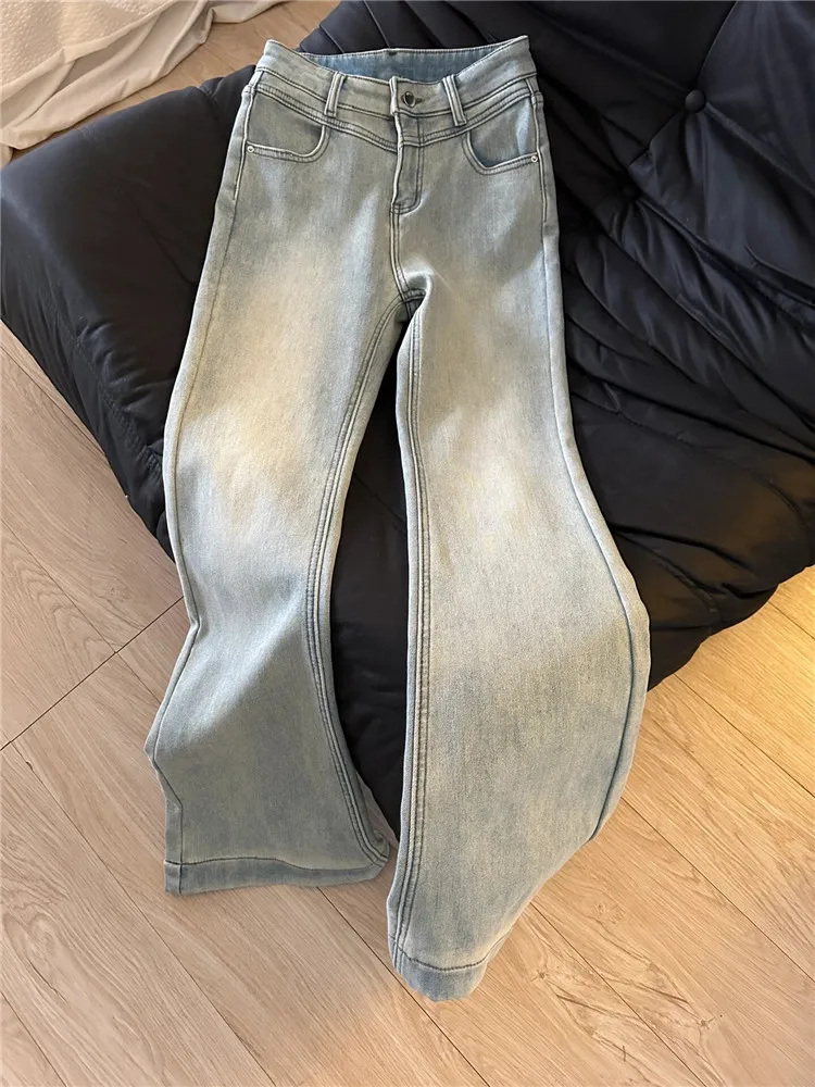 

Ретро-джинсы-клеш в американском стиле, светло-голубые, женские, с эффектом похудения, с высокой талией, удлиненные, весенняя коллекция, стандартный крой