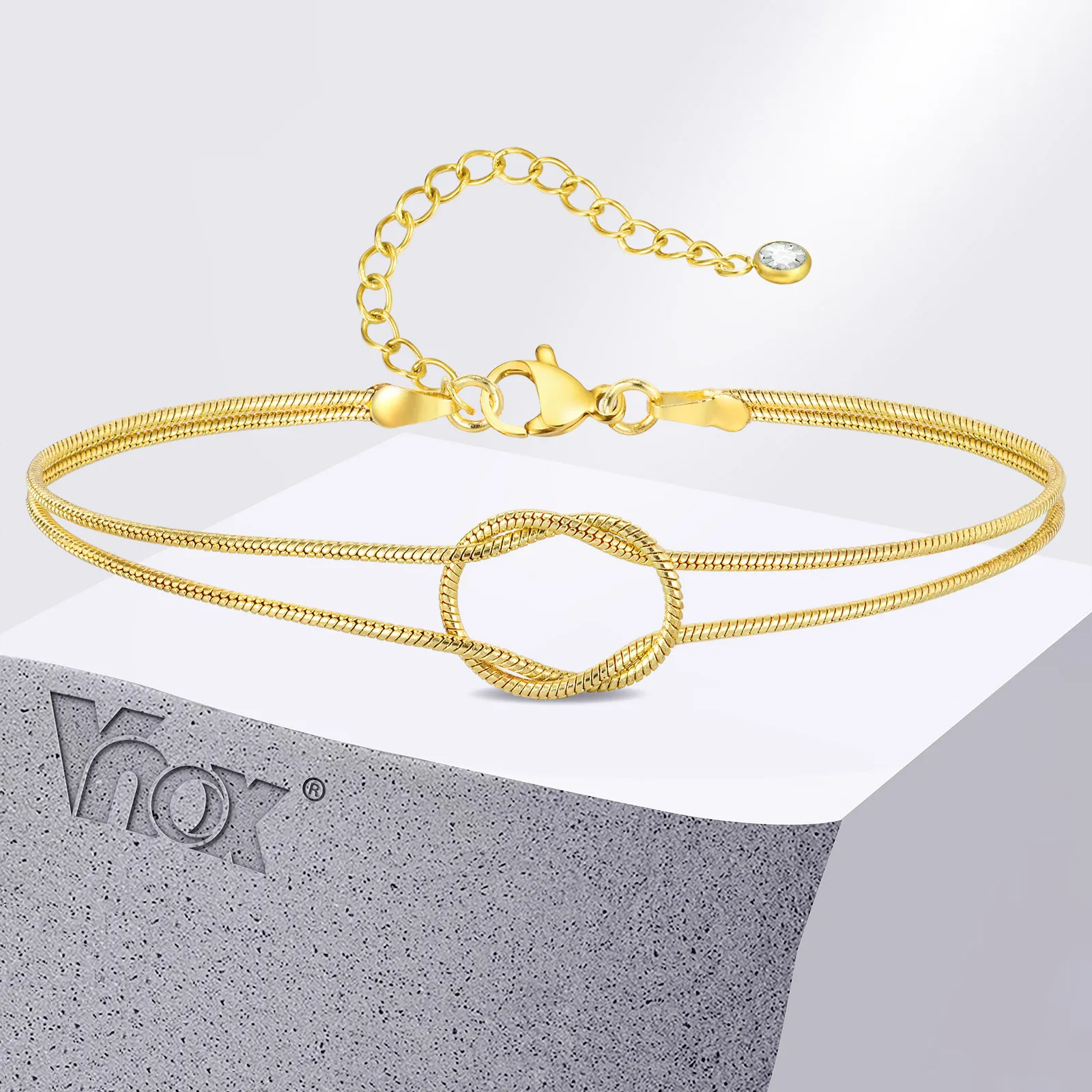 Vnox Simple Knotted Snake Link Chain Bracelets for Women Girls,14K Gold Plated Copper Herringbone Chain Bracelets Wholesale