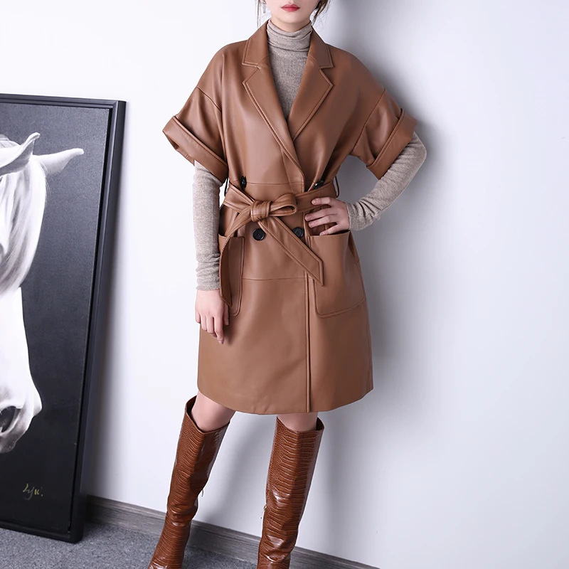 2023 Genuine Leather Women's Jacket Spring Suit Lapel Short Sleeves Double Breasted Lace up Slim Long Sheepskin Windbreaker Coat