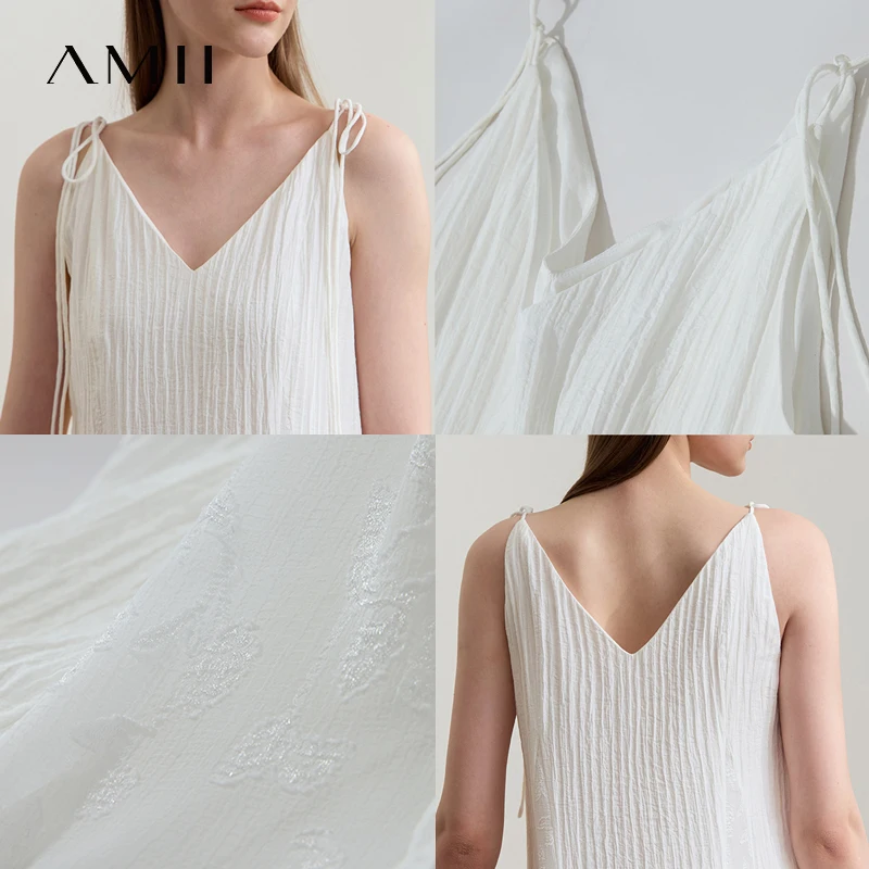 Amii بساطتها عطلة فستان بيج 2025 صيف جديد إمرأة مكتب سيدة قطع الأزهار ألف خط بلا أكمام التعادل عادية الجنية 12542190