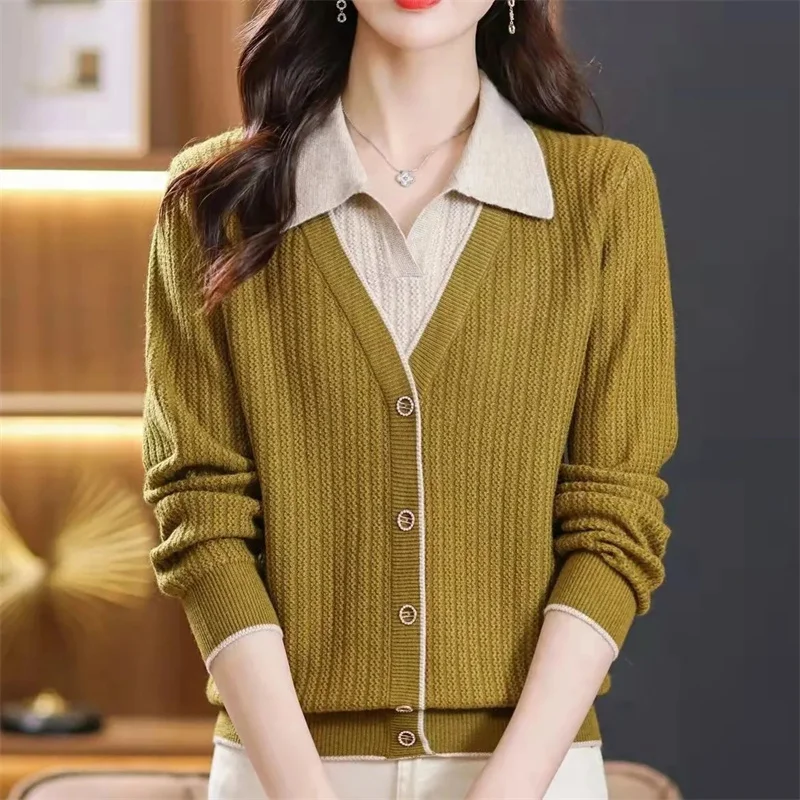 Autumn Winter Female Fake Two Pieces Sweater 2024 Lady Lapel Collar Loose Fitting Pullover Knitting Women Long Sleeved Knitwear