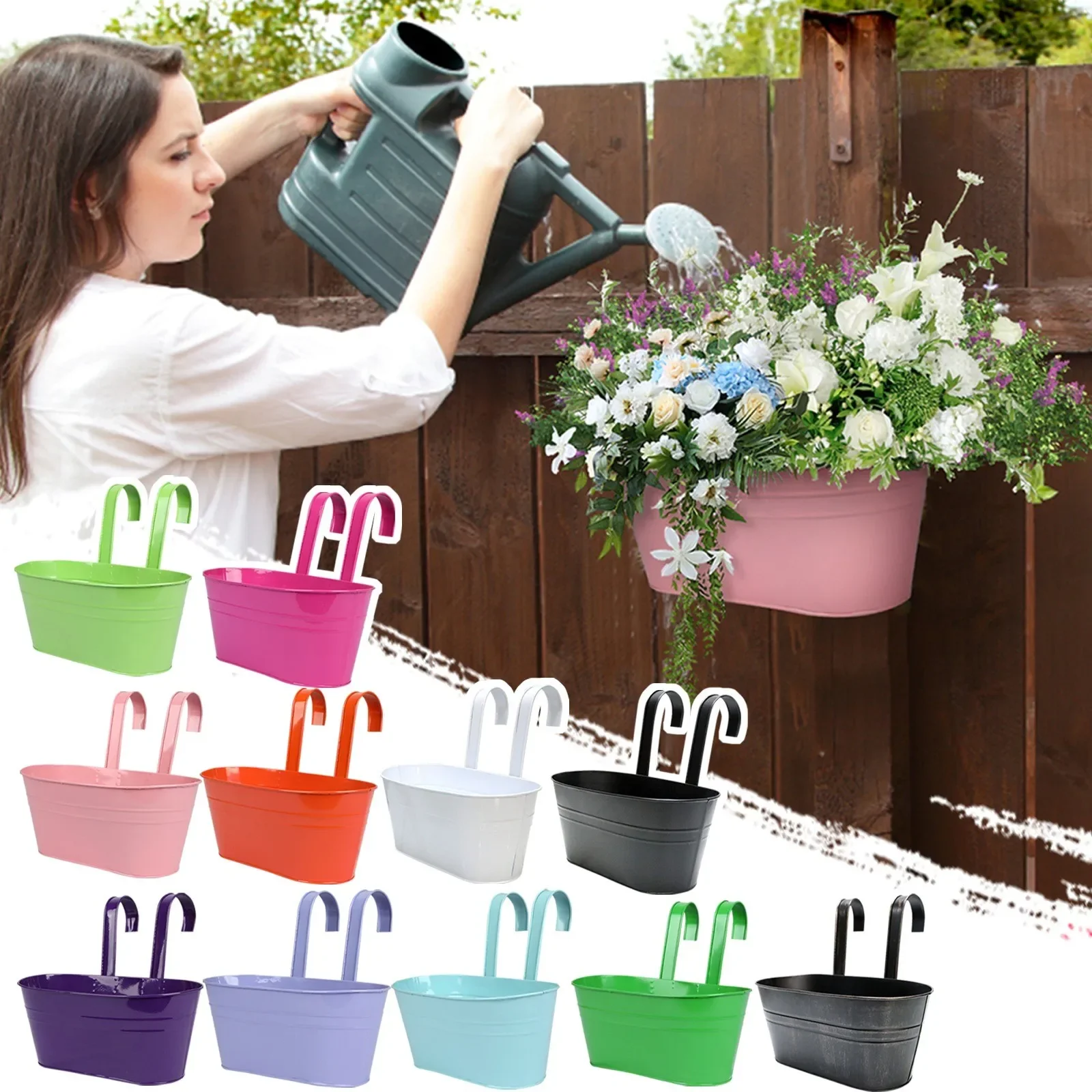 

Metal Hanging Flower Pots with Detachable Hooks and Drainage Holes Bucket Planter Deck Railings Fence Buckets for Railing Fence