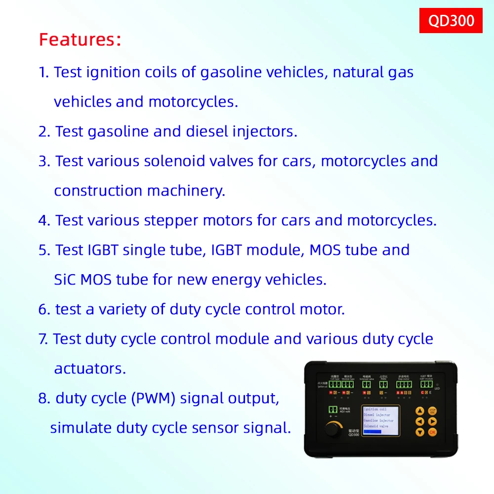 New QD300 Automobile Ignition Coil Tester QDB-2A 3A IGBT Idle Stepper Motor Solenoid Valve Injector PWM Actuator Fault Detector
