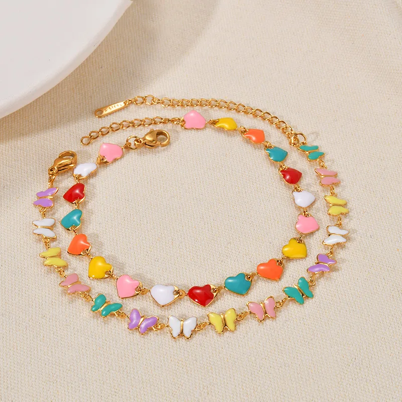 Kissmoon Enamel Sweet Random Colorful Heart Butterfly Stainless Steel Bracelet for Women Trendy Beach Wedding Party Jewelry Gift