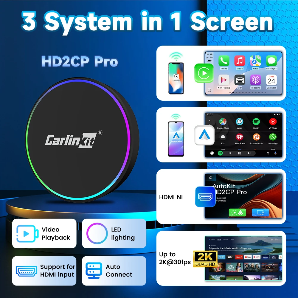 CarlinKit MINI HD2CP Pro Wireless CarPlay AI Box Android Auto TV Box 2025 جديد 2K HD HDMI مدخل دونغل لموسيقى Youtube Netfliex