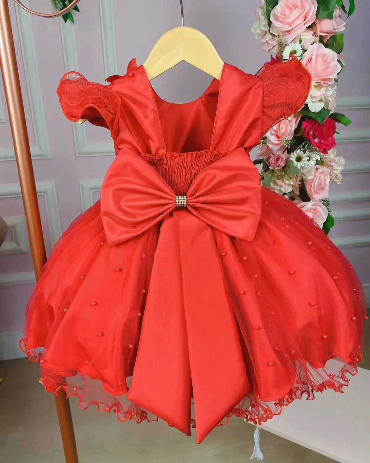 Princesa vestidos da menina de flor para o casamento luz rosa 3d borboleta arco pérola crianças vestidos de baile até o chão primeira comunhão wear