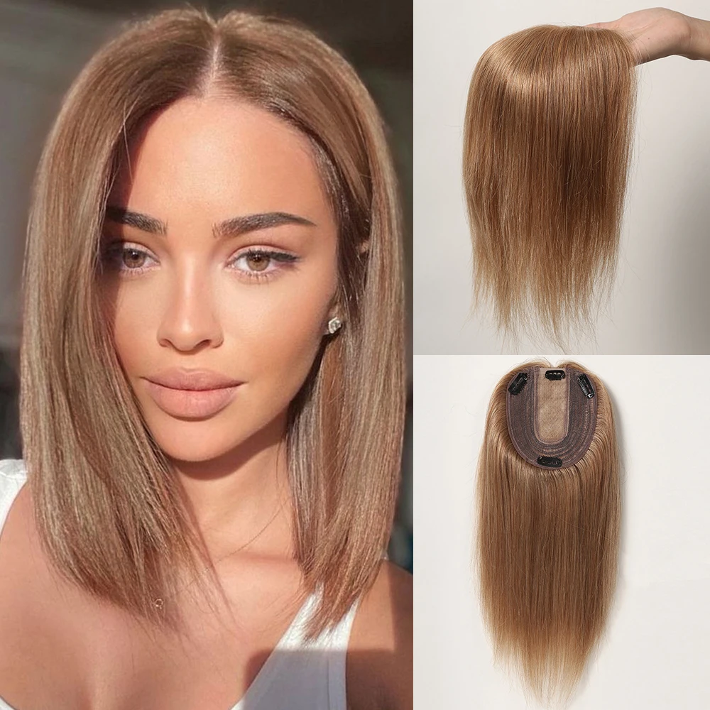 Light Brown Human Hair Toppers for Women with Thinning Hair Human Toppers Hair Pieces Silk Base Clip in Topper Hair Middle Part