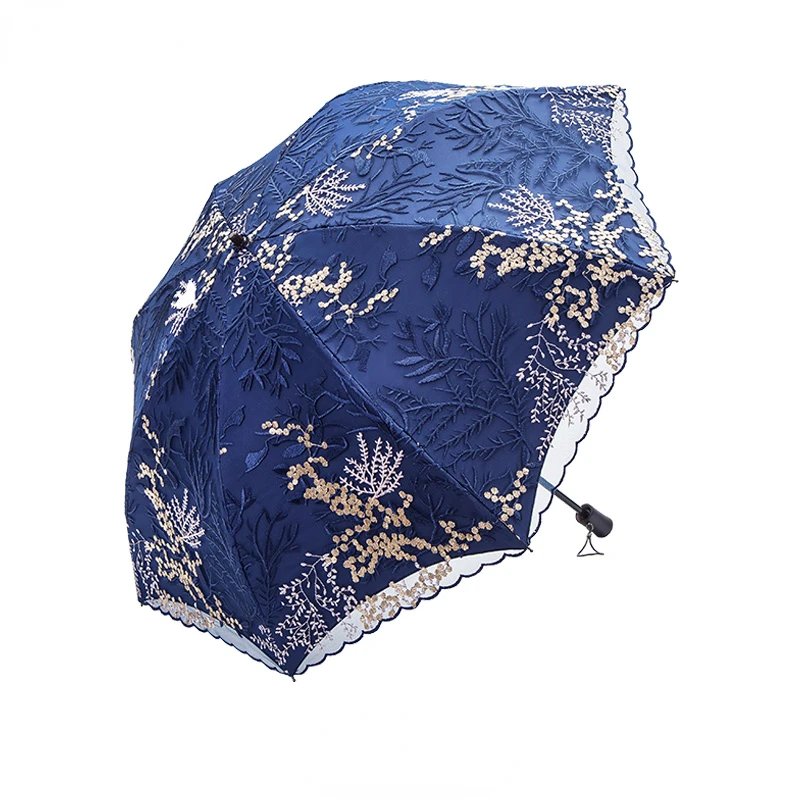 High Quality Shade Umbrellas for Women Sun and UV Protection Small Portable Dual-purpose Lace Folding Vinyl Embroidery Umbrella