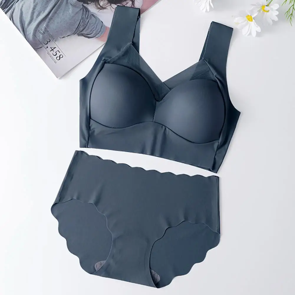 Conjunto de ropa interior de soporte completo, conjunto de ropa interior de seda helada sin costuras para mujer con sujetador push-up inalámbrico, bragas elásticas para mujer