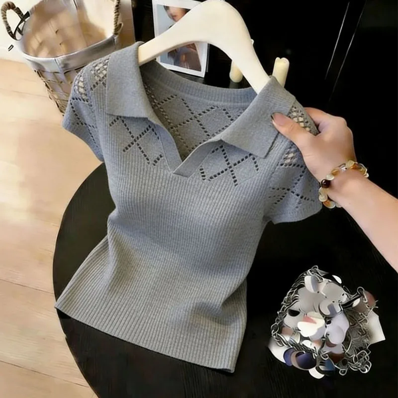 

Knitted Sweater Women Pullovers New Turn Down Collar Hollow Out Knit Sweater Pullover Women Tops Short Sleeve Knitwears Q3837