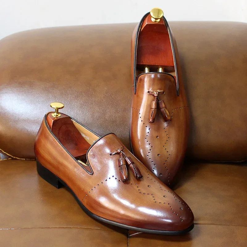 FELIX CHU Men's Genuine Leather Tassel Loafers Casual Dress Shoes Wedding Party Gentleman Street Style Fashionable