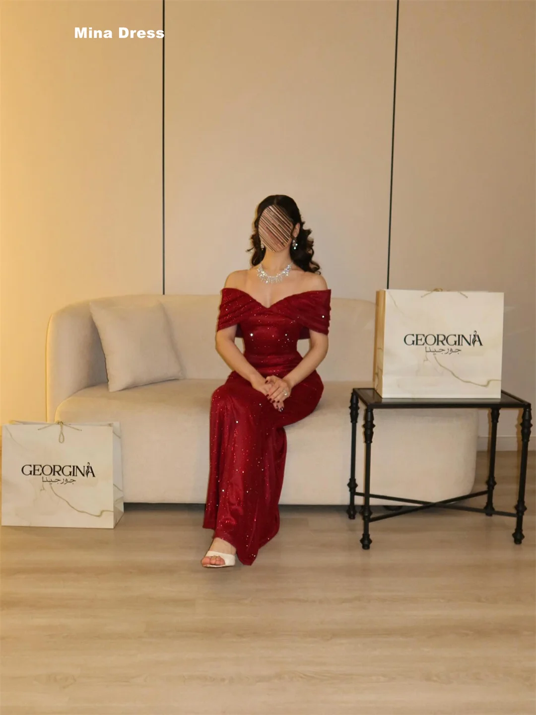 

Mina Customized Wine Red Luxurious Women's Evening Dresses for Special Occasions Sequins. Dropped Shoulders Prom Dress Party