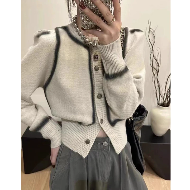 Women Clothing 2024Spring Autumn Vintage Elegant Chic Button Knitted Cardigan Y2K Female O Neck Long Sleeve Slim Cropped Sweater