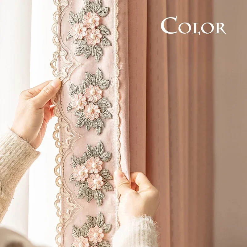

French Three-dimensional Embroidered Pink Curtains For Living Room Bedroom Dining Blackout Elegant Girls European Tulle Child