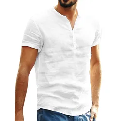 2024 New Men's Cotton Linen Shirts Standing Collar Short Sleeved Shirt Men's Designer Clothes Popular Tops for Men