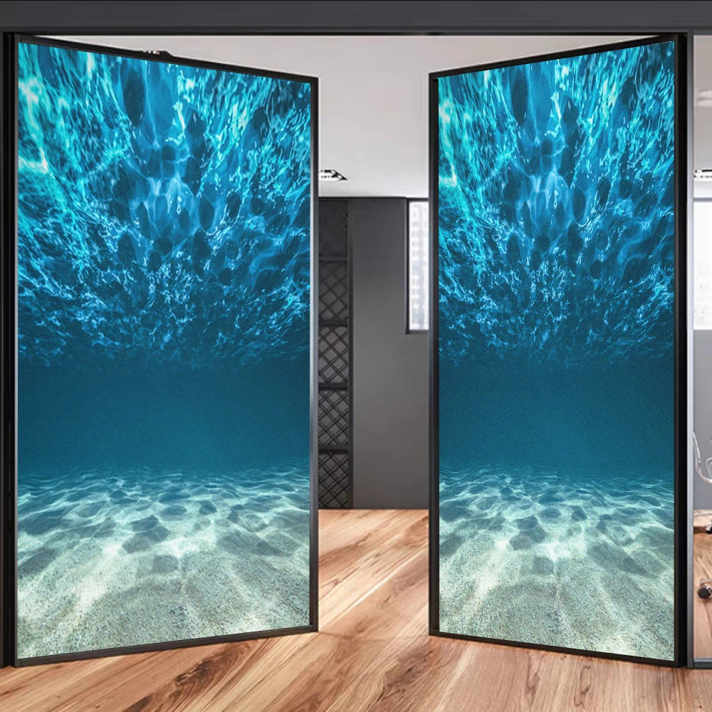 Privacy Window Film UV Blocking Heat Control Window Covering No Glue Static Cling Sea Water Decorative Window Sticker
