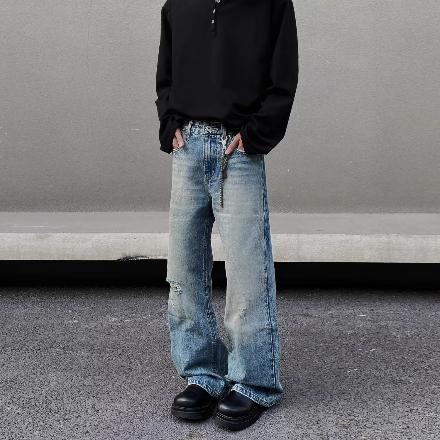 بنطلون جينز رجالي ممزق ومستقيم وفضفاض يناسب الجميع