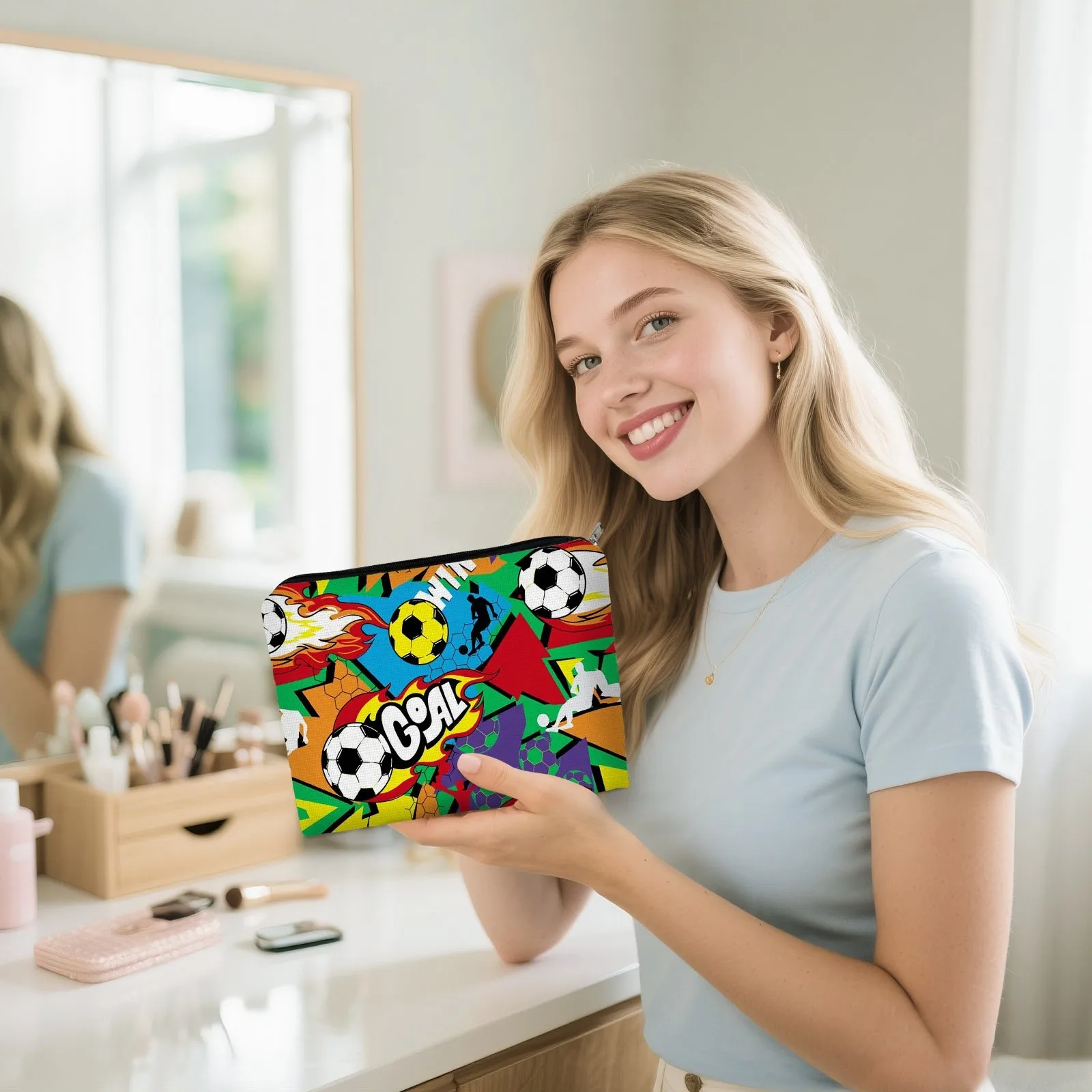 Soccer Themed Makeup Bag with Double Sided Goal Print Soccer Design Vibrant Suitable Beauty Storage Football Enthusiast