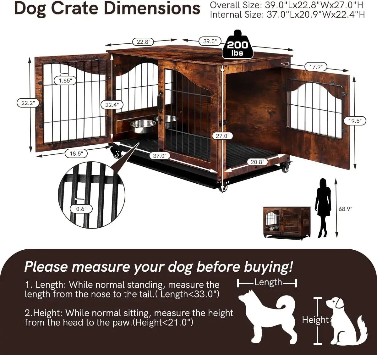 Snowtaros Dog Crate Furniture With 360° Rotatable Hidden Bowls, Heavy Duty Wooden Dog Kennel With Double Doors, Dog Cage End