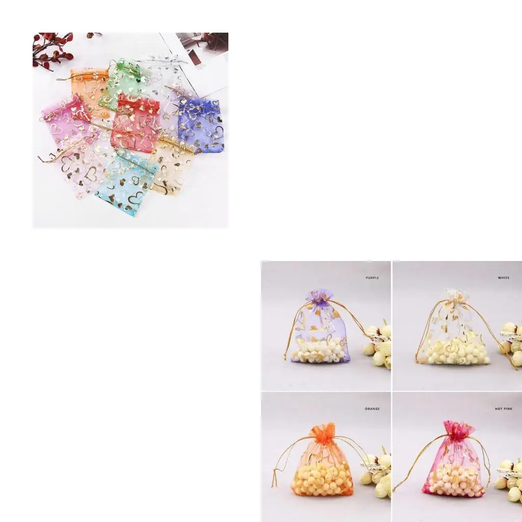 

50Pcs Peach Hearts Print Bag Organzas Bundle Pocket Cosmetic Bag Wedding Candy Bag Birthday Gift Storage Container