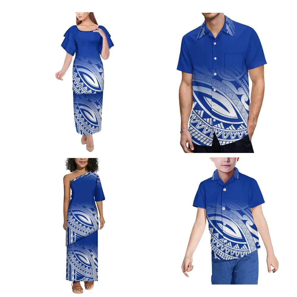 Abito estivo Puletasi personalizzato polinesiano con stampa vintage per adulti e bambini Gonna lunga per uomo e ragazzo Camicia con colletto rialzato