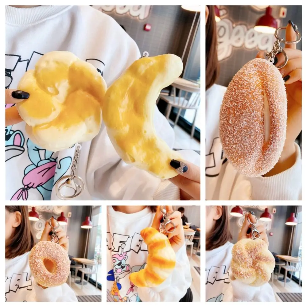 Cute Simulated Bread Keychain Soft Croissant Butter Bread Model Fidget Toys Korean Squeeze Toys Keyring