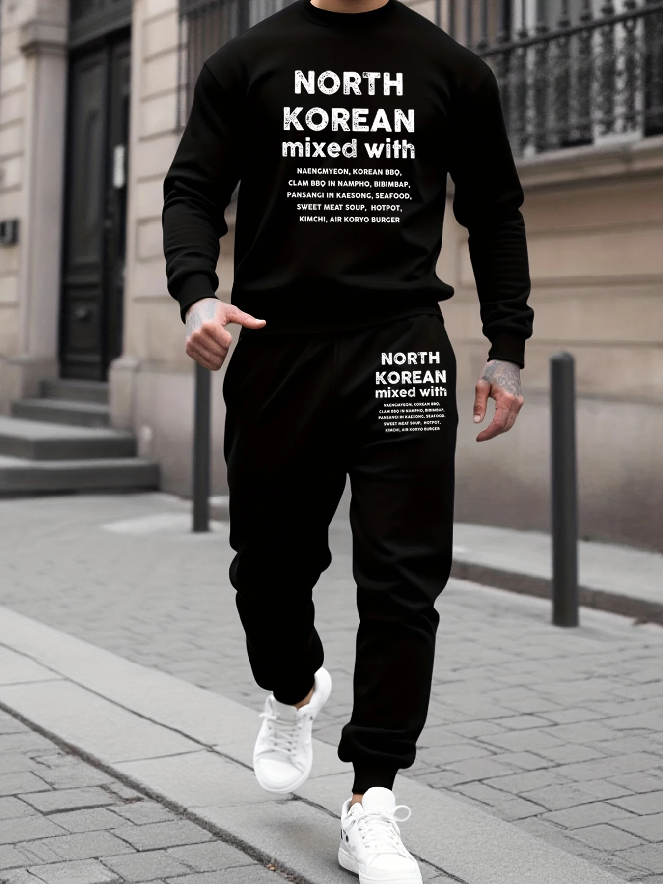 

North Korea Mixed With Prints Winter Fleece Man Sweatshirts Long Pants Sets Warm Jogging Britches Basics All-Match Sportswear