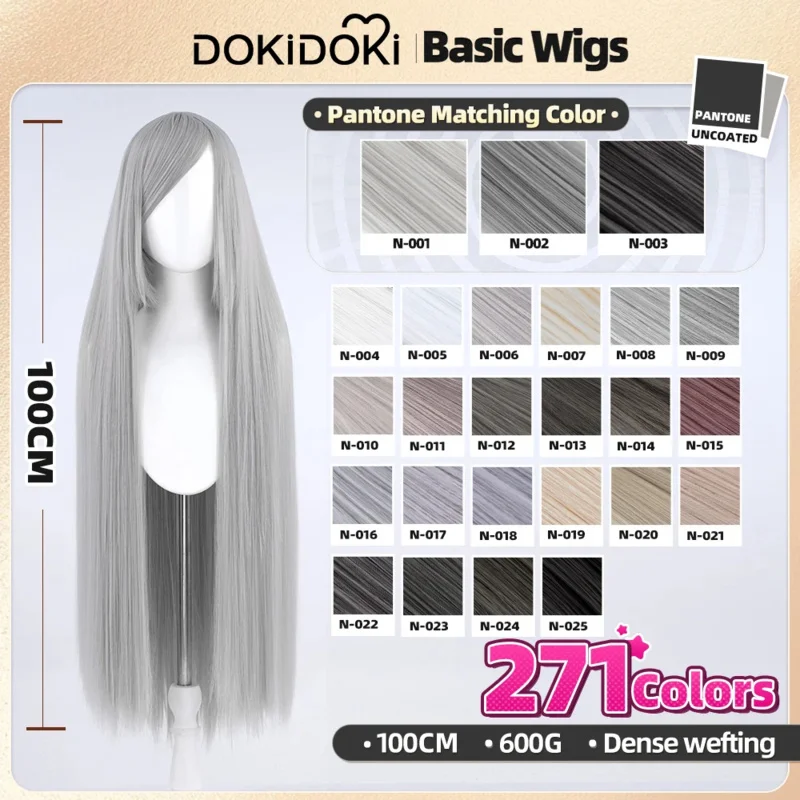 qq28LQ100cm الأساسية تأثيري DokiDoki النساء أصفر أحمر أرجواني أزرق بني أخضر وردي طويل الشعر عالية مقاومة للحرارة شعر مستعار هالوين