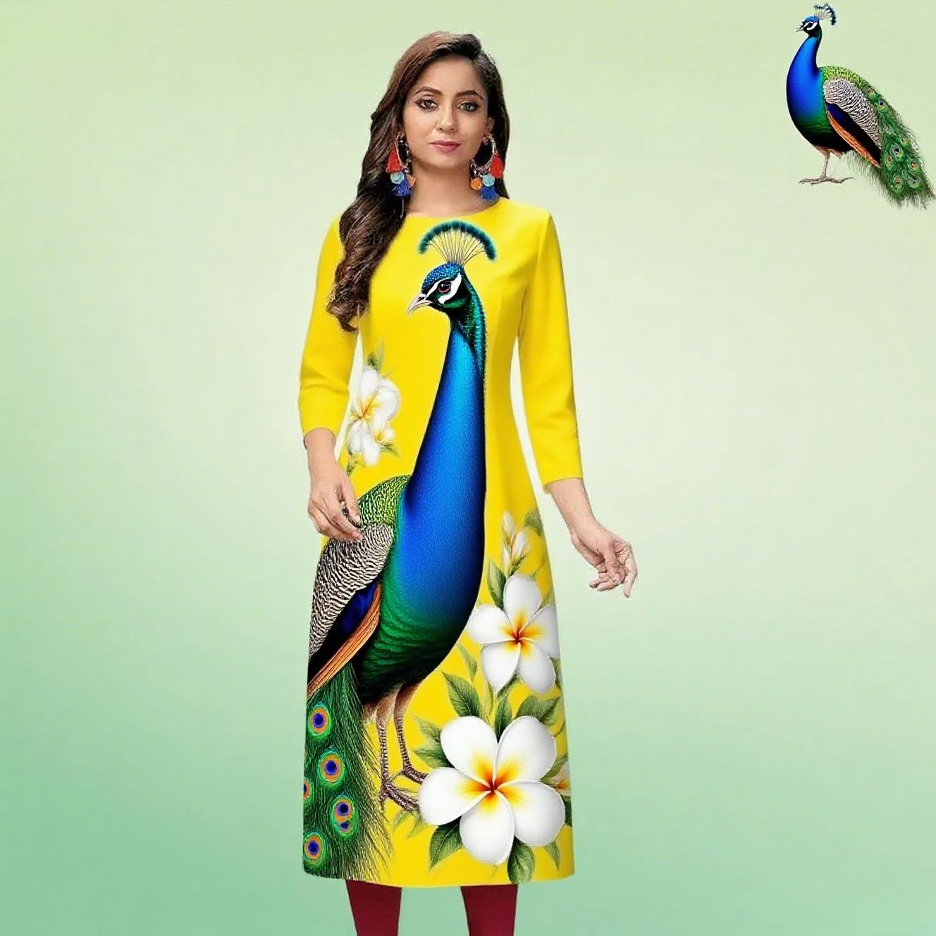 Abito moda casual Kurt da donna a maniche lunghe tubo dritto casual fiore etnico mandarino girocollo design di dimensioni regolari