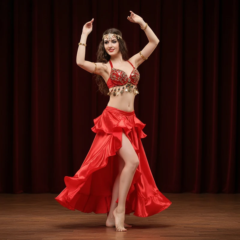 2025 sexy dança do ventre lado puxando saia longa de cetim senhora saias de dança do ventre feminino sexy oriental saia de dança do ventre profissional